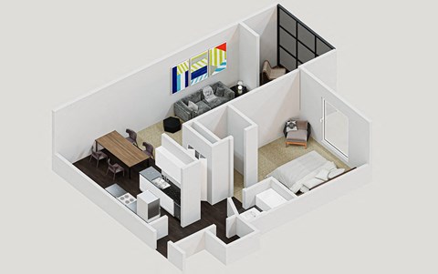 a 3d floor plan of a bedroom and living room